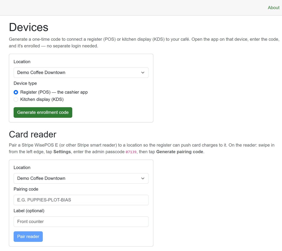 The admin portal's Devices page: enrollment codes for registers and kitchen displays, and card reader pairing