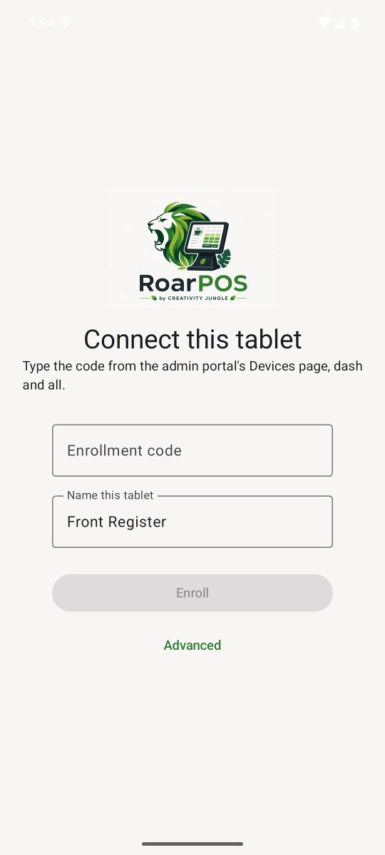 The register app's first screen, Connect this tablet, asking for the enrollment code