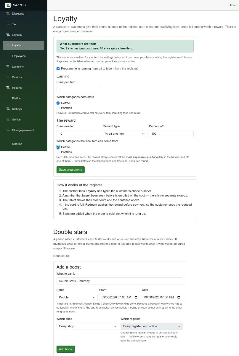 A loyalty programme configured in the admin portal