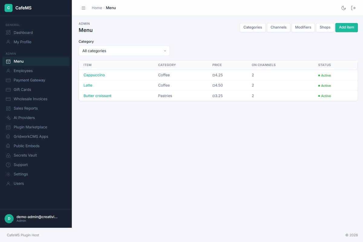 The back office menu page listing items, categories, prices and which channels carry them