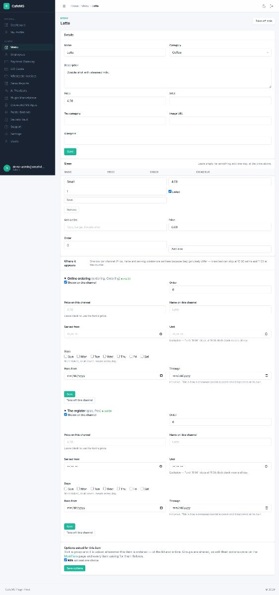 An item in the back office: details, sizes, the options it asks, and the channels it appears on