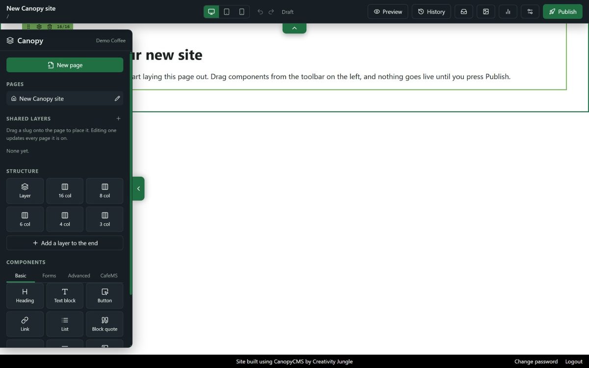 The Canopy website builder editing a cafe's home page in place